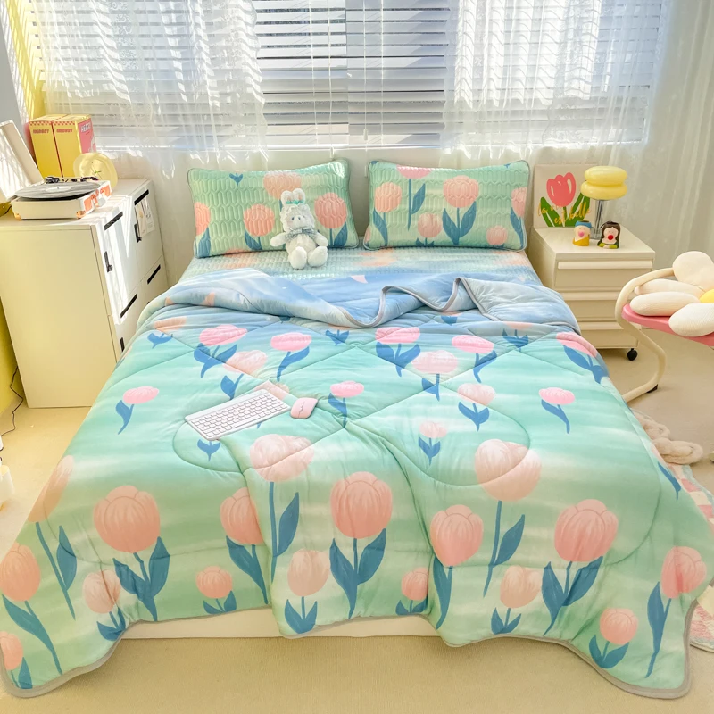 Colorful Flower Pattern Quilt Home Bedroom Quilted Quilt Summer Air-conditioning Thin Comforter Soft Breathable Machine Washable