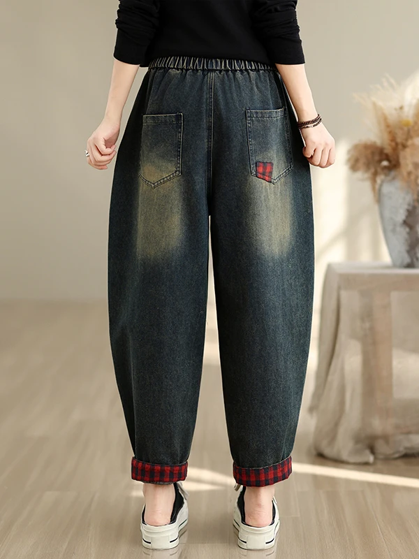 Retro Ethnic Embroidered Jeans Women's Loose Casual Large Size Buttoned Cuffed Nine-Piece Harlan Pants Machine Embroidery Str...