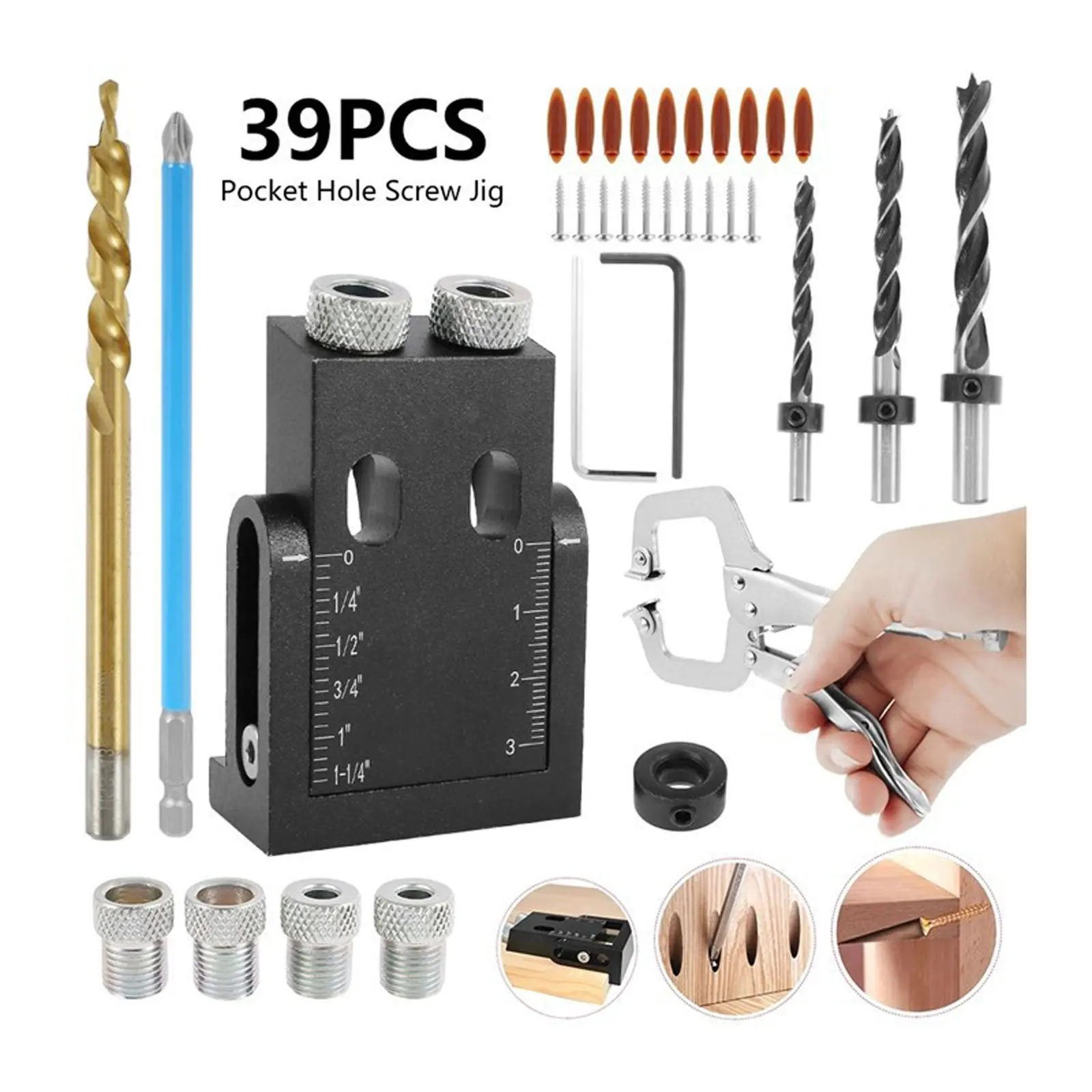 32pcs Pocket Hole Jig 15 Degree Drill Guide Kit Adjustable Woodworking Punch Locator Angled Positioner 6mm 8mm 10mm