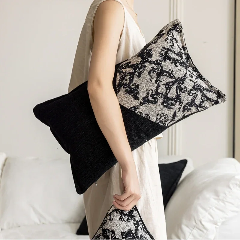 French Retro Jacquard Cushion Cover Geometric Texture Cotton Linen Pillow Cover Home Decor Black Light Luxury Pillowcase