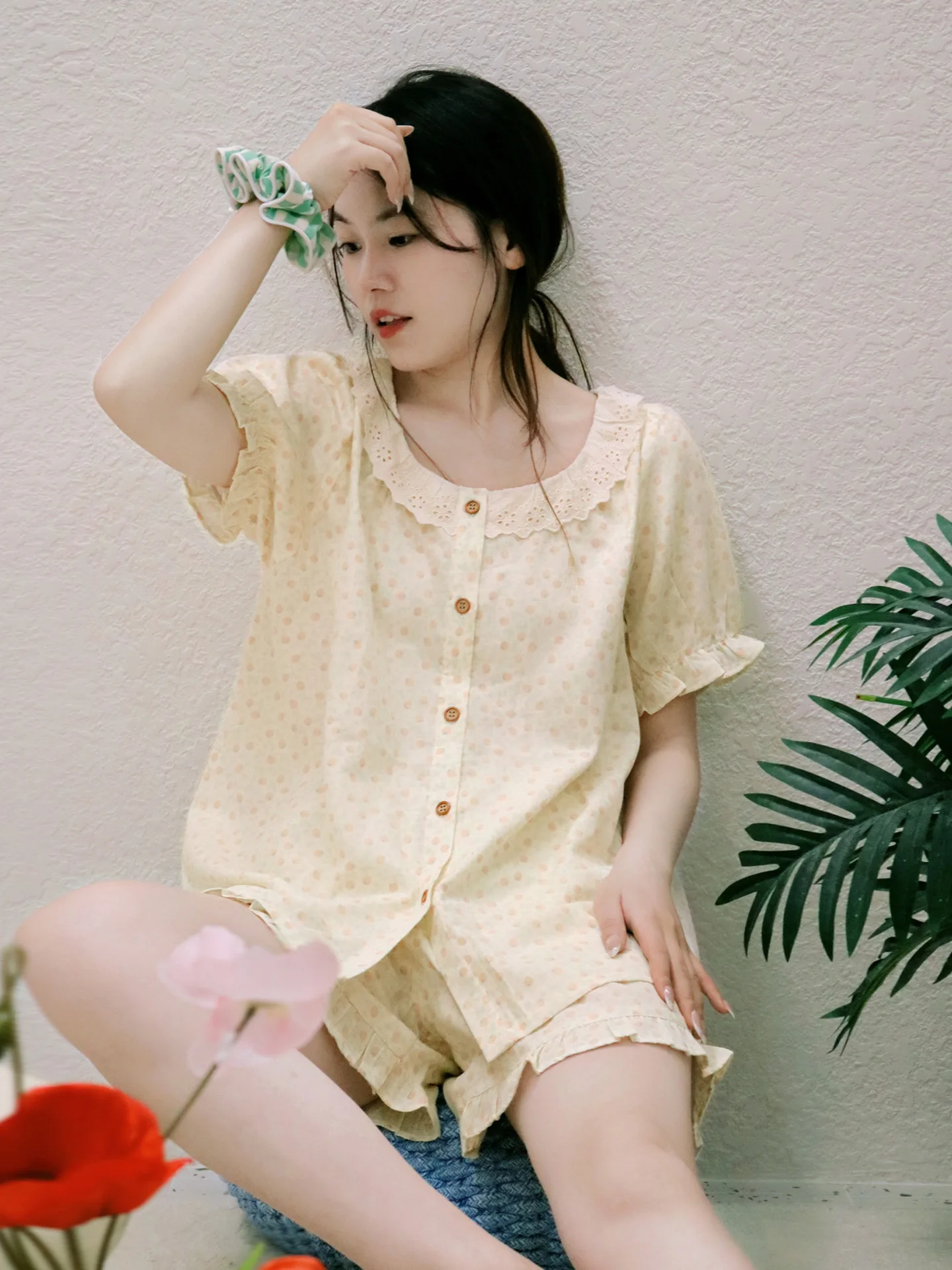 fishhome-camicia-da-notte-originale-in-puro-cotone-con-maniche-corte-pantaloni-corti-e-lunghi-colletto-con-bordo-giallo-ideale-per-l'estate-confortevole-e-leggera
