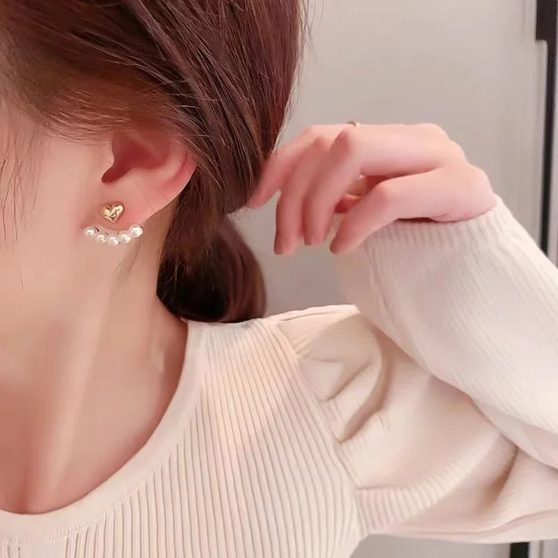 2022 New Elegant Metal Heart-Shaped Back Hanging Pearl Earrings Korean Fashion Jewelry For Woman Girls Accessories Wholesale image 4