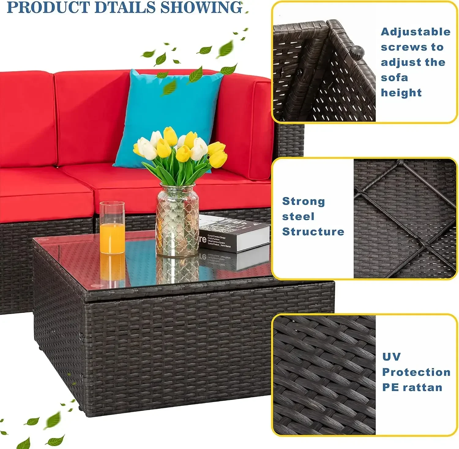 [وصول جديد، مخزون محدود! ] أثاث مكون من 5 قطع، مجموعة محادثة صغيرة للفناء مصنوعة من الخيزران البني لجميع الأحوال الجوية