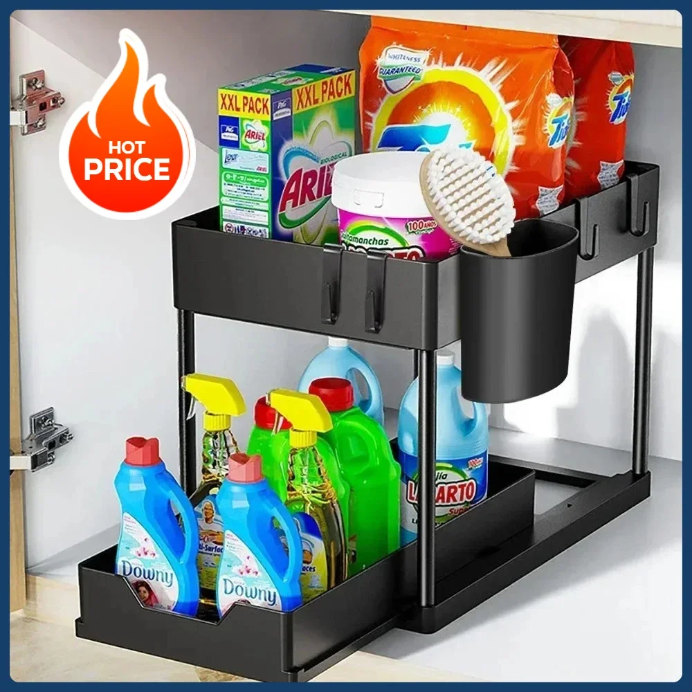 New 2 Tier Under Sink Organizer Sliding Cabinet Basket Organizer Storage Rack with Hooks Hanging Cup Bathroom Kitchen Organizer image 2