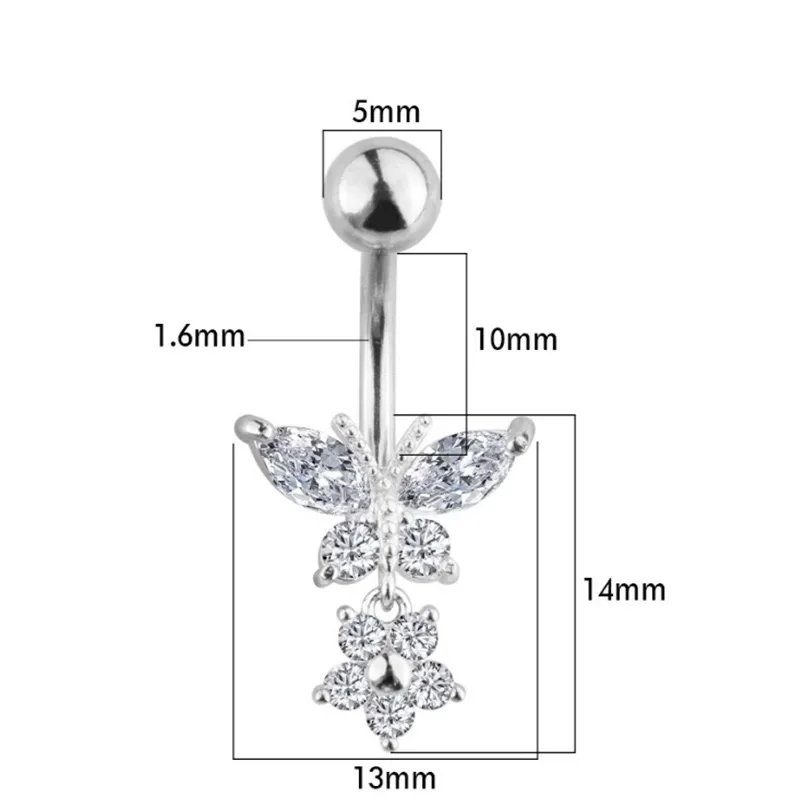 Butterfly Zircon Navel Belly Piercing Rings Fashion High Quality Surgical Steel Dangle Button Body Piercing Jewelry Accessory