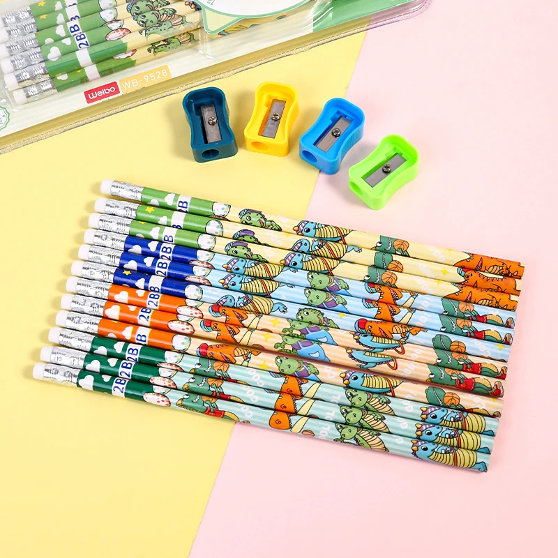 12Pcs/Set wooden pencils with eraser 2B pencil Little dinosaur Cartoon writing pen cute Student pen School supplies gi