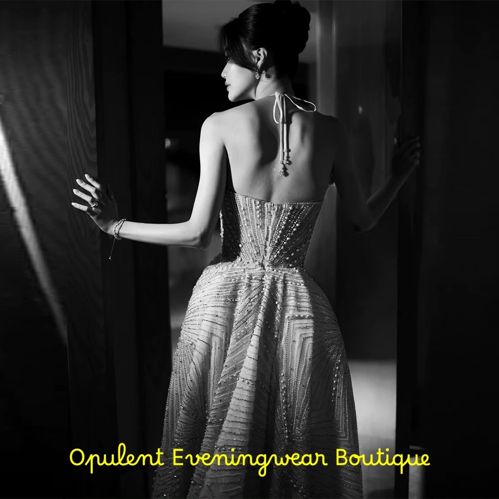 Simple Halter Organza Beading Evening Dress Elegant Pearls Panel Train Customized Celebrity Gowns Fashion Mermaid Party Dresses