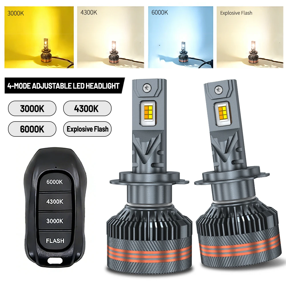 

H4 LED Headlights H1 H3 H7 H8 H11 9005 HB3 9006 HB4 9012 6000K 4300K 3000K Three Color Remote Control 4 modes Car Lights 12V 24V