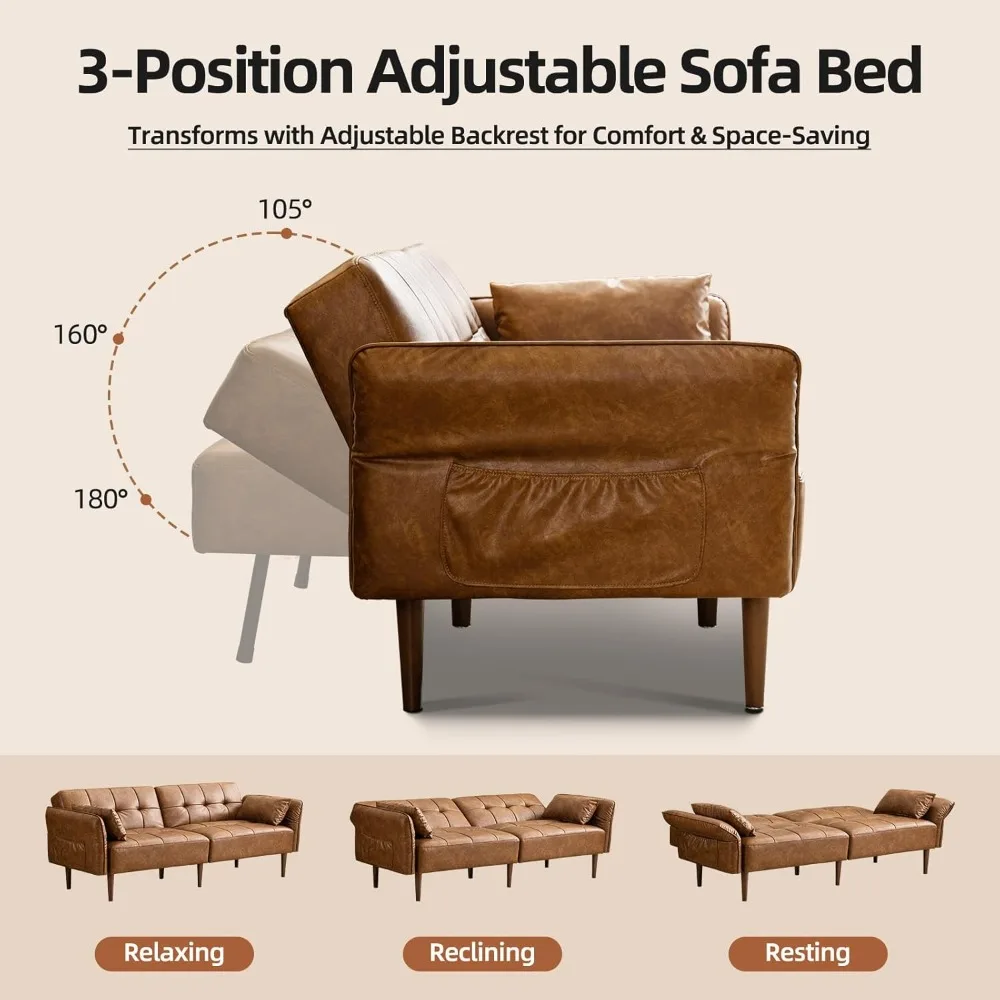 "85" Futon Sofa Bed - Storage & Adjustable Armrests, Faux Leather Mid-Century Sleeper for Small Spaces"