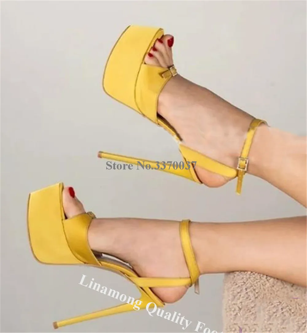 

Linamong Yellow Pink Black Satin Stiletto Heel Sandals Open Toe Buckles High Platform Thin Heel Dress Shoes Party Wedding Heels