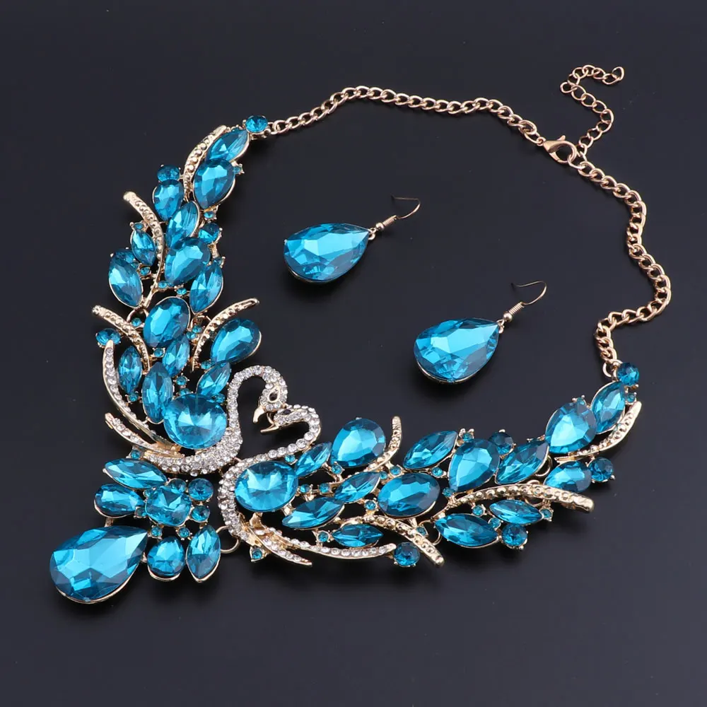 New Africa Wedding Jewelry Sets Blue Crystal Swan Necklace Earrings For Women Bridal Jewelry Sets