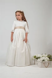 Elegant Flower Girl Dress Half Sleeve White Bow Sash Tulle Appliques Long Child Wedding Party Kids Birthday Gift Evening Dresses