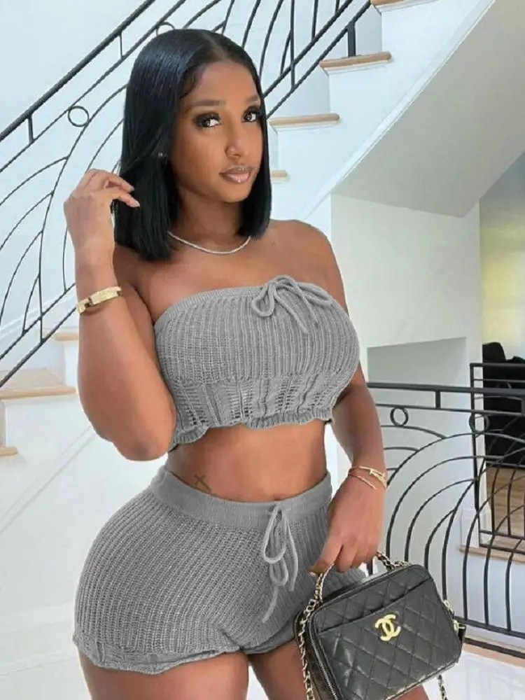 Knitted 2 Piece Set Women Outfit Solid Off Shoulder Crop Tops Stretch Shorts Tracksuit Casual Sexy Club Party Short Sets Woman