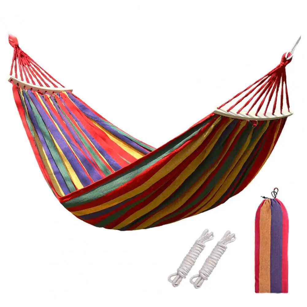 Striped Beach Hanging Hammock Adult Hanging  Bed  Soft Touch Strong Bearing Capacity Canvas Single Camping Hammock w/Storage Bag