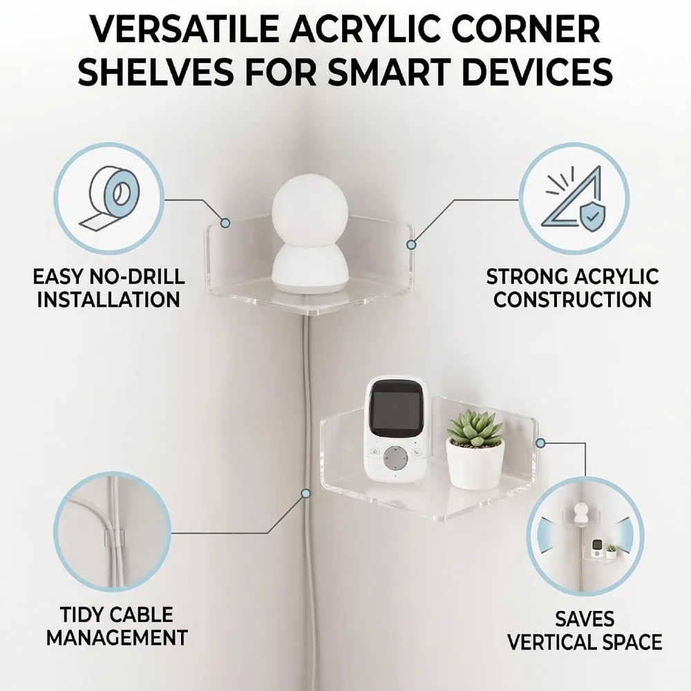 3pcs Wall Mounted Acrylic Corner Shelves 3.46*3.46*1.77in Adhesive Tape Small Adhesive Shelves Durable Clear Clear Acrylic