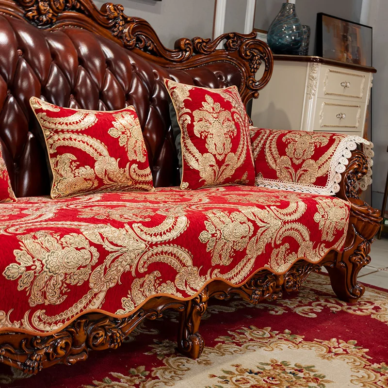 Anti-slip Sofa Cover Living Room Armchairs Towel Home Decor Sofa Seat Cushion Luxury Red Jacquard Embroidery Couch Pad Cover