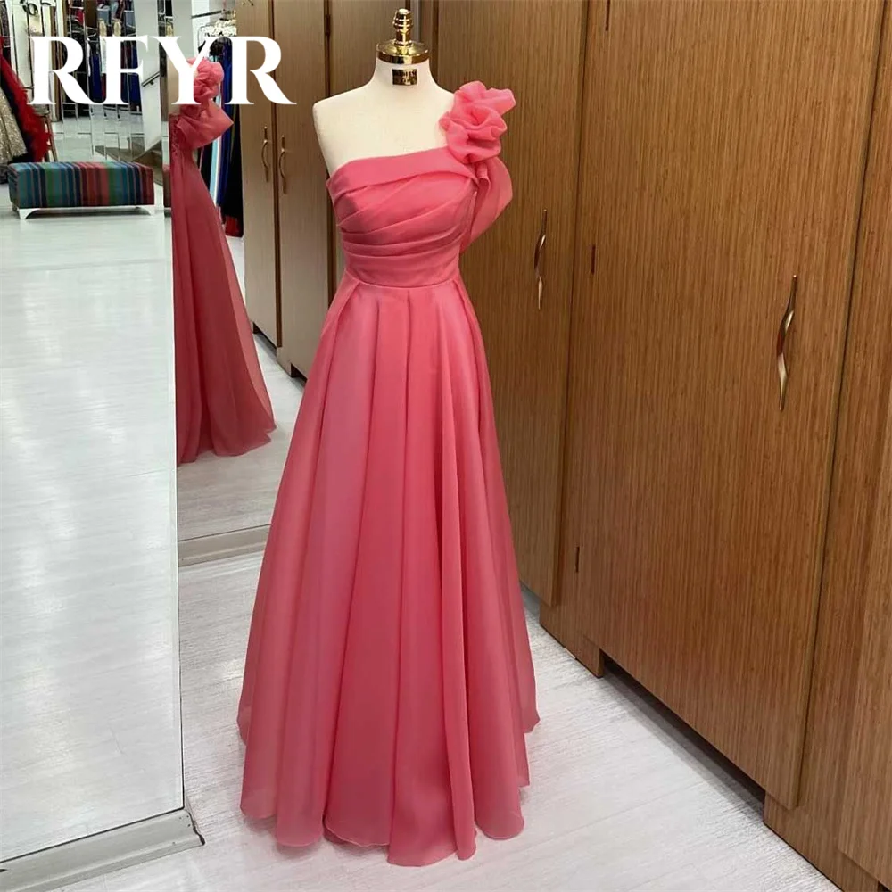 

RFYR Simple Pink A-line Evening Dresses Corset One Shoulder Strapless Tulle Prom Dress with Pleats 프롬드레스 Long Pleat Party Dress