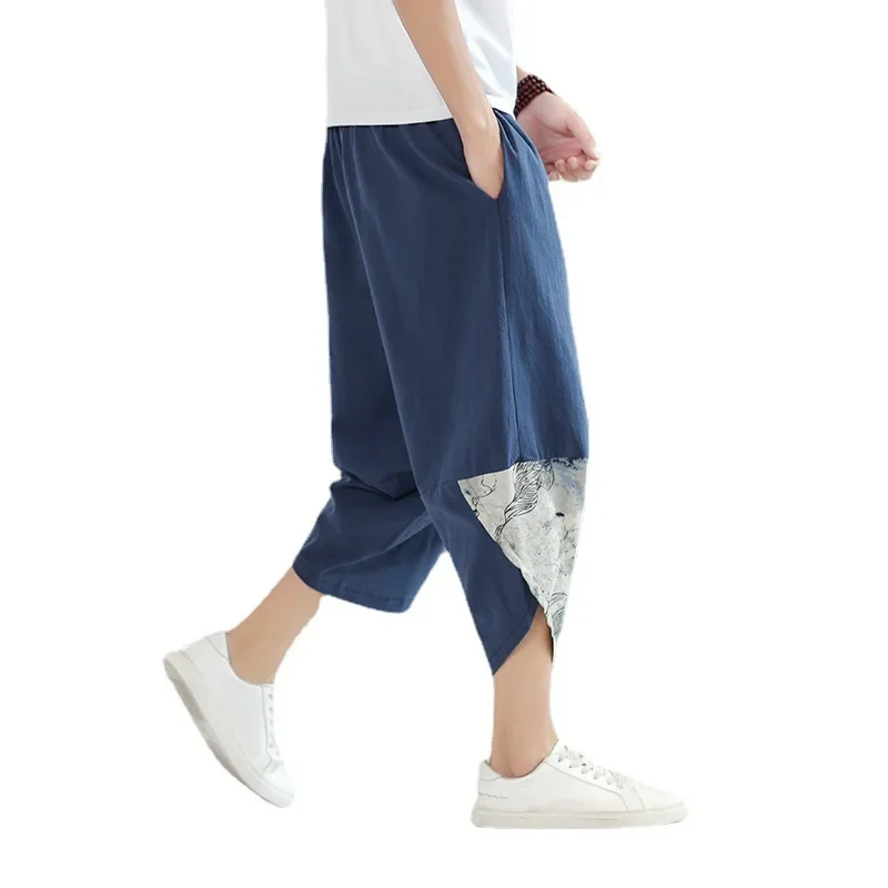 Japanese Kimono Men\'s Cotton Linen Samurai Clothing Patchwork Print Retro Harem Pants Loose Shorts Harajuku Hip Hop Pants