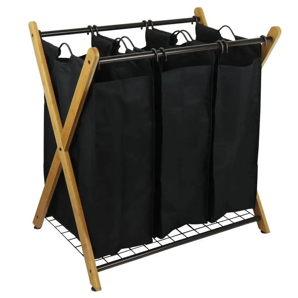 

Bamboo Frame 3-Bag Laundry Sorter Black with Removable Polyester Bags Adults Storage Organizer 27x19x29.75 Lightweight Durable