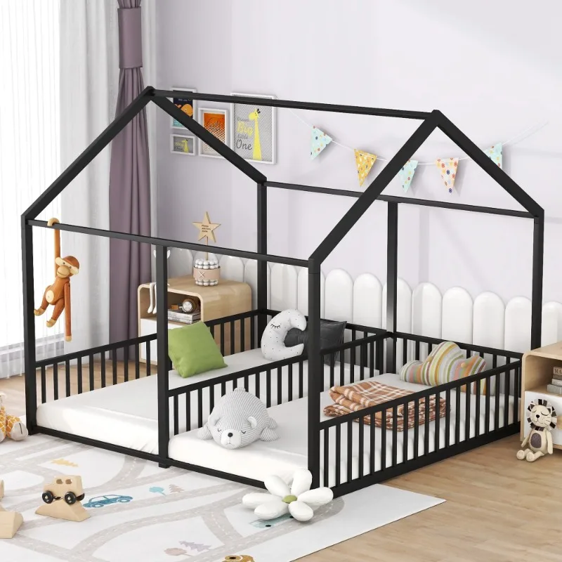 Metal Twin Size House Canopy Bed, 2-in-1 Beds for Kids Room, Black， bedframe ， beds ，