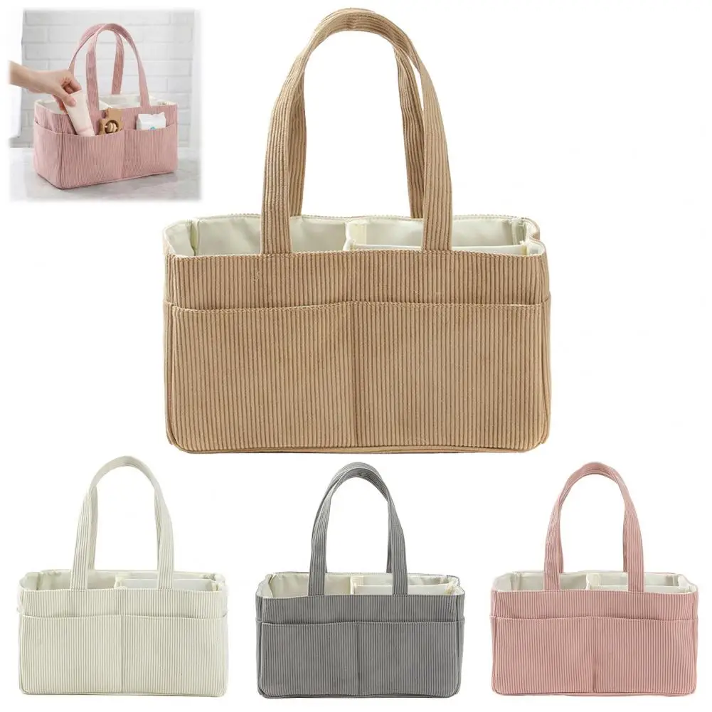 Large Capacity Diaper Bag Corduroy Portable Foldable Tote Mommy Bag Nursery Caddy Basket with Divided Design Diaper Organizer
