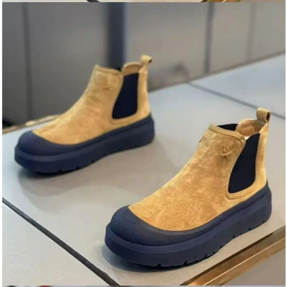 اليدوية جلد طبيعي الرجال الأحذية جولة تو الرجعية سميكة سوليد حذاء من الجلد منصة مسطحة تشيلسي الأحذية 2025 #1