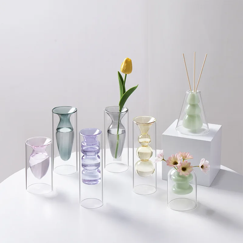 Double-layer Glass Vase. Fire-free Glass Art Aroma Diffuser Bottle. Light-colored Transparent Vase Hydroponic Flower Cultivation