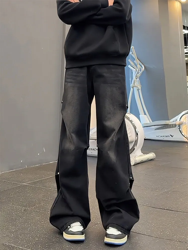 

Black Washed Rivet Men's Jeans American Trendy Straight Leg Micro Flared Pants Knife Work Wide Leg Pants Folded Hemline
