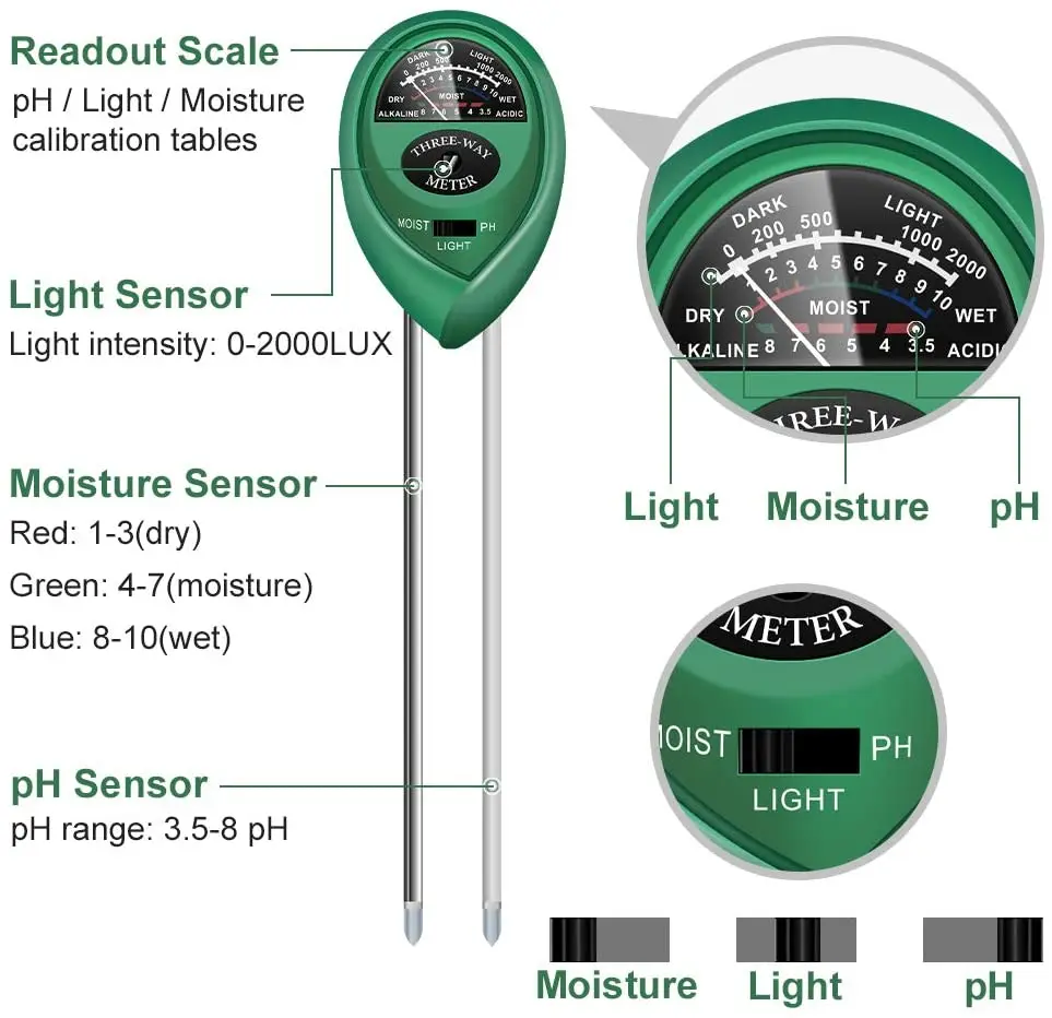 3 in1 Soil Water Moisture PH Meter Acidity Humidity Sunlight Light PH Test Garden Flowers Moist Sensor Tester Testing Instrument