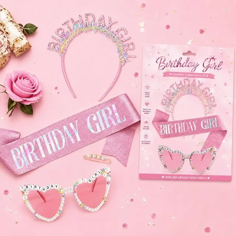 3pcs/set Birthday Girl Sash Glitter Hair Hoop Tiara Crown Sunglasses Set Pink Party Accessories Women Princess Outfits Gifts - view 3