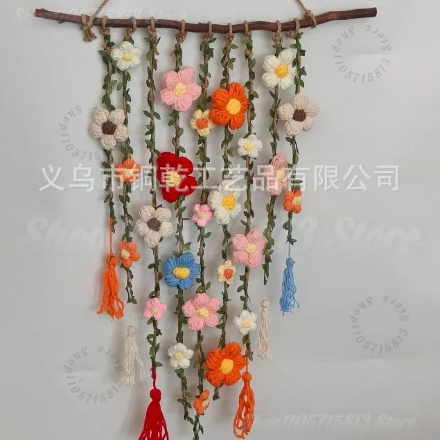 Handmade Crochet Wildflower Vine Wall Hanging Natural Branch Floral Macrame Tapestry Boho Cottagecore