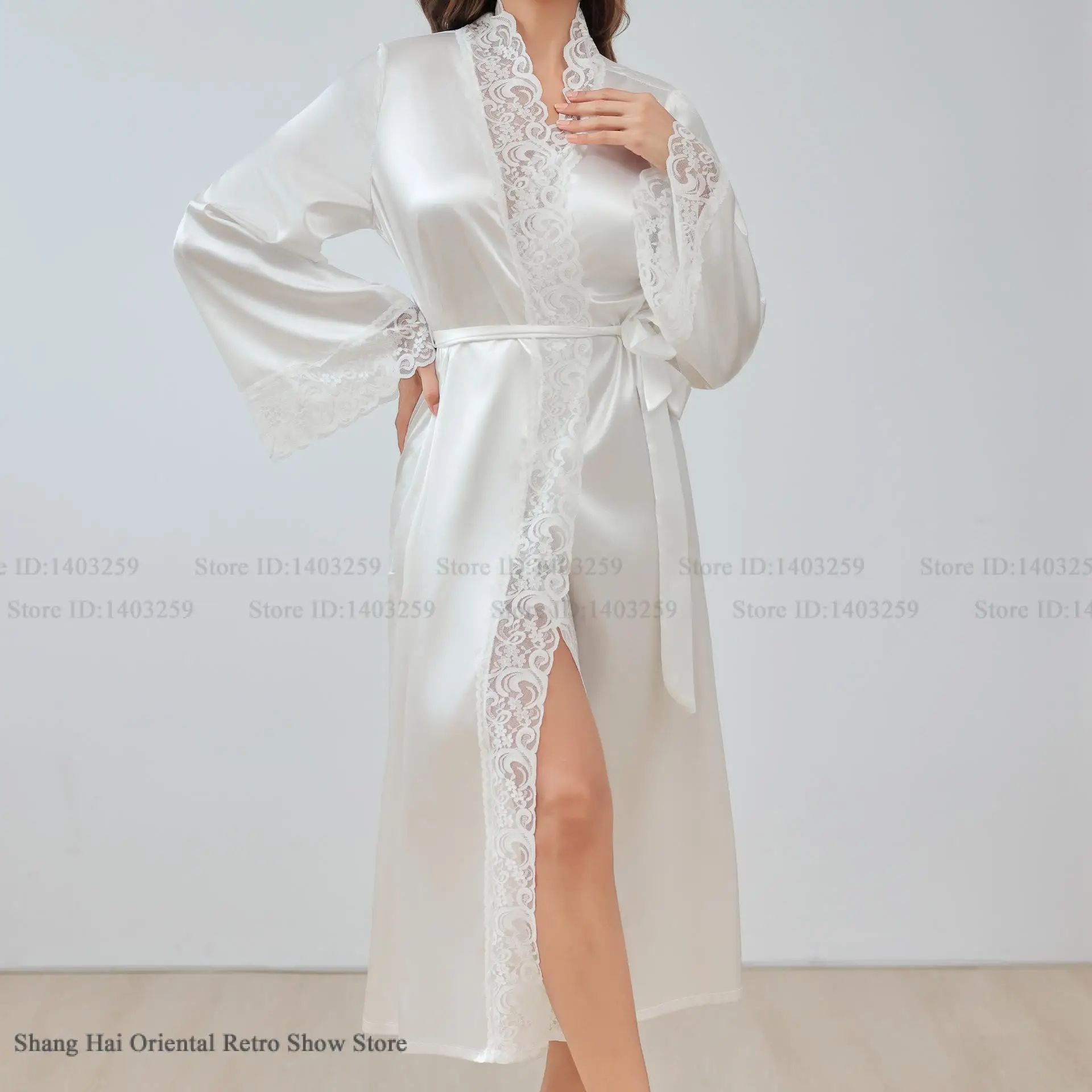 

White Lace Bride Wedding Robe Dress Negligee Silky Satin Kimono Gown Lounge Wear Sexy Long Bathrobe Nightgown Loose Homewear