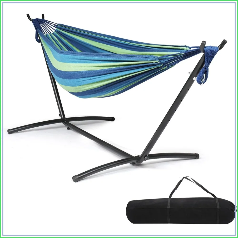550LBS Capacity Double Hammock with Stand, Heavy Duty 2-Person, Portable Carrying Bag, Blue Green Stripe