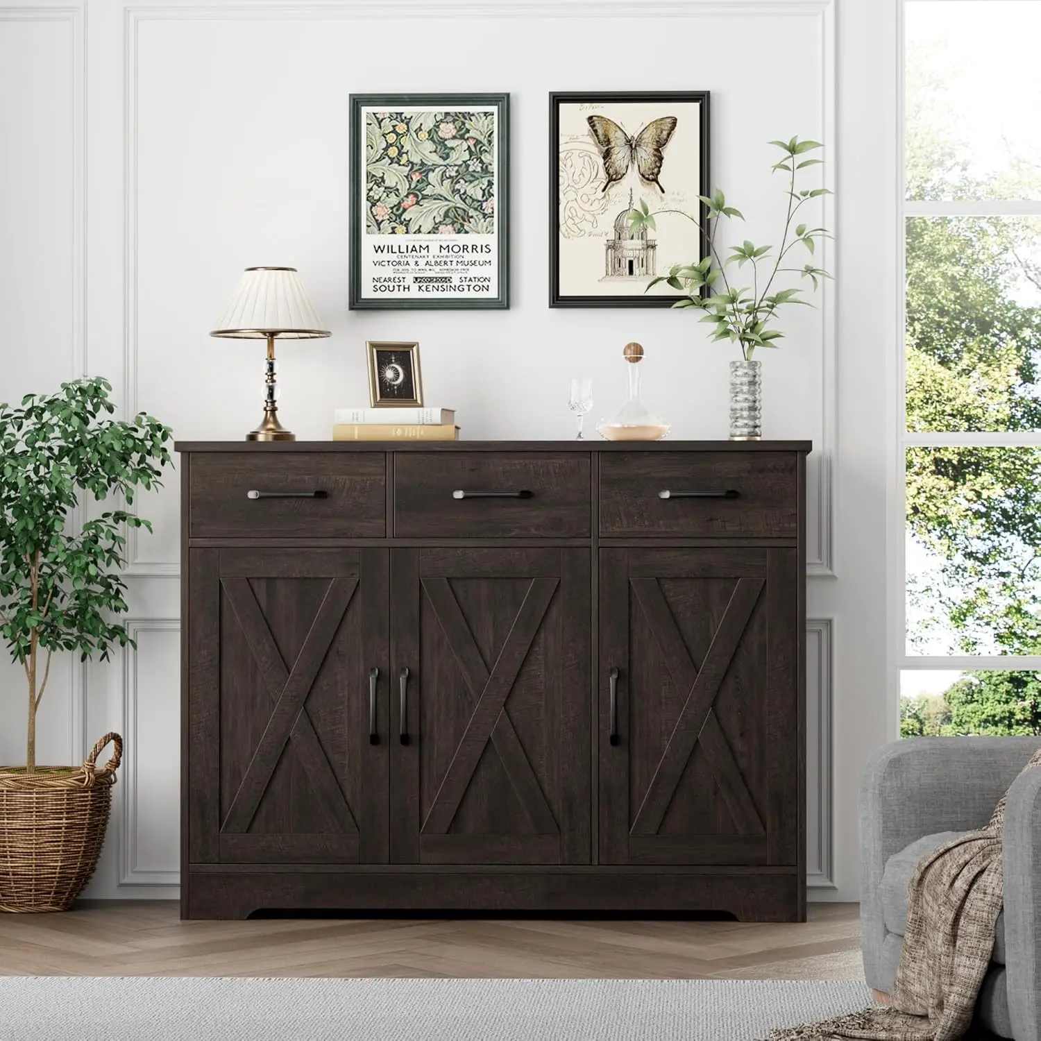 Armoire de Rangement à Portes de Grange avec Étagères, Buffet de Planche de Ferme Moderne, Armoire de Bar à Café en Bois