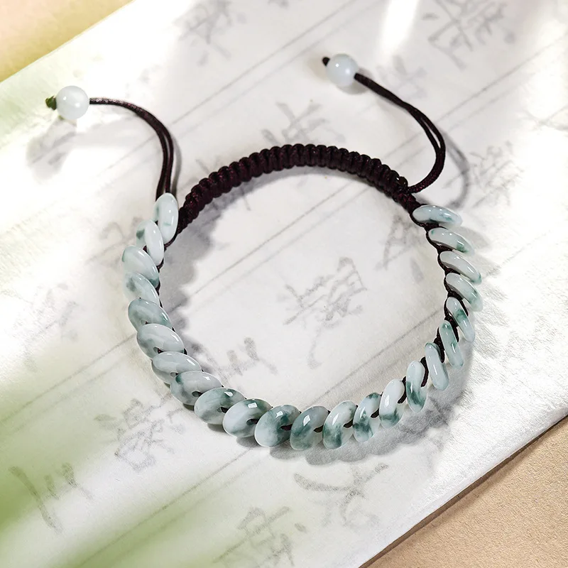 High-End Hand Woven Natural Burmese A-Grade Jade Men's & Women's Bracelet with Floating Flower Safety Buckle Rope Jewelry