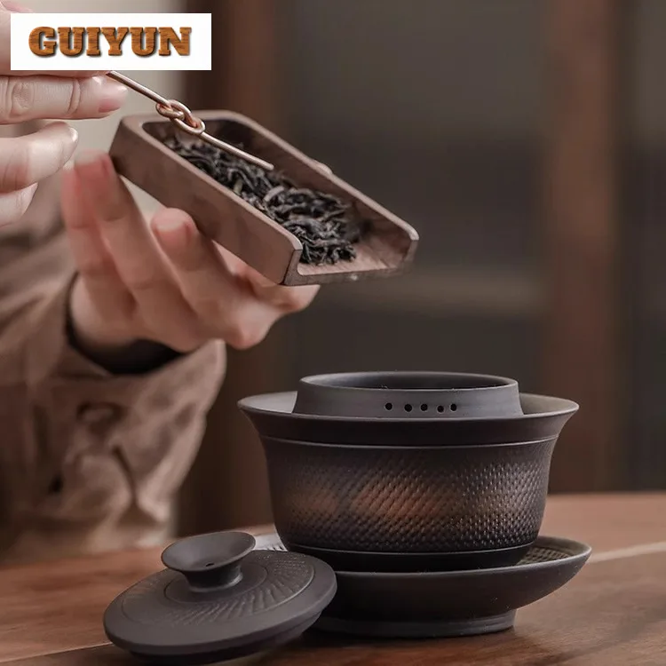 180ml Purple Pottery Jump Knife Gaiwan Japanese Tea Tureen Household Tea Bowl With Lid Kit Tea Making Cover Bowl Cafe Collection