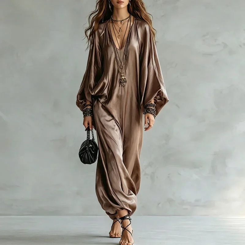 Solid V‑Neck  Satin Overalls Women Deep Batwing Long Sleeve Baggy Harem Long Pants Jumpsuit Bohemian Vacation Daily Loose Romper