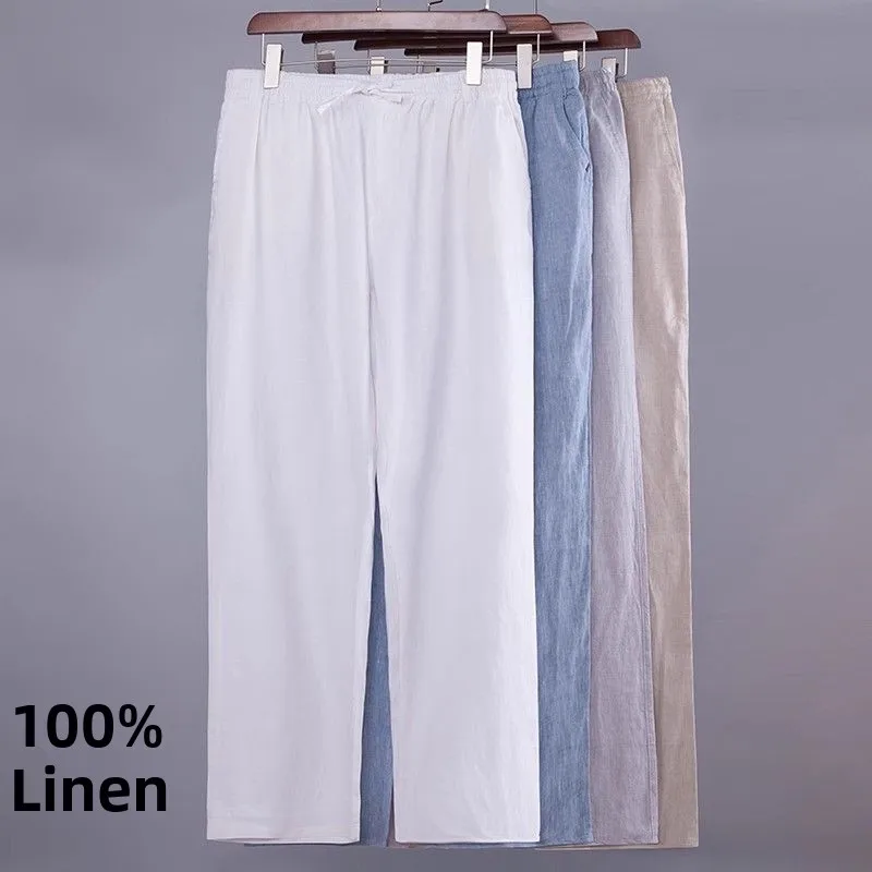 

Летние тонкие мужские повседневные брюки из чистого льна, свободные прямые длинные молодежные брюки в китайском стиле, удобные дышащие хлопковые брюки...