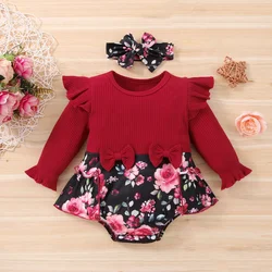 PatPat 2pcs Baby Girl Red Ribbed Ruffle Long-sleeve Splicing Floral Print Skirted Romper Set Soft and Comfortable