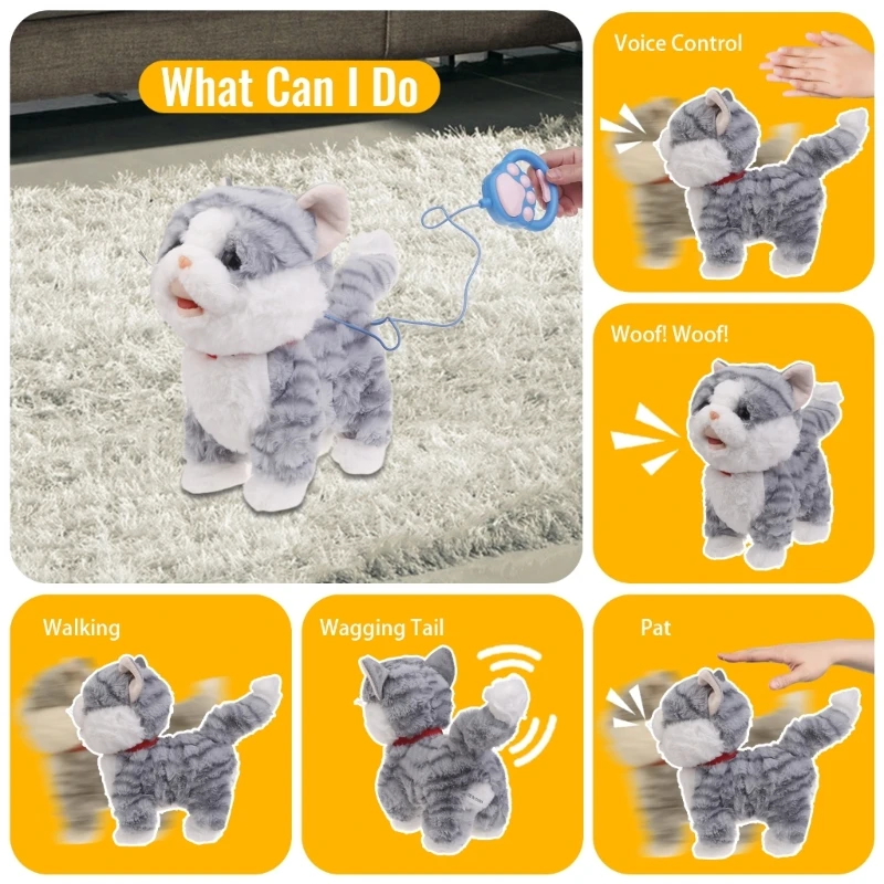 Plush Cat Toy for Baby Learn to Crawl Leash Control Cat Toy Interactive Singing & Walking Animal Toy Kids Christmas Gift