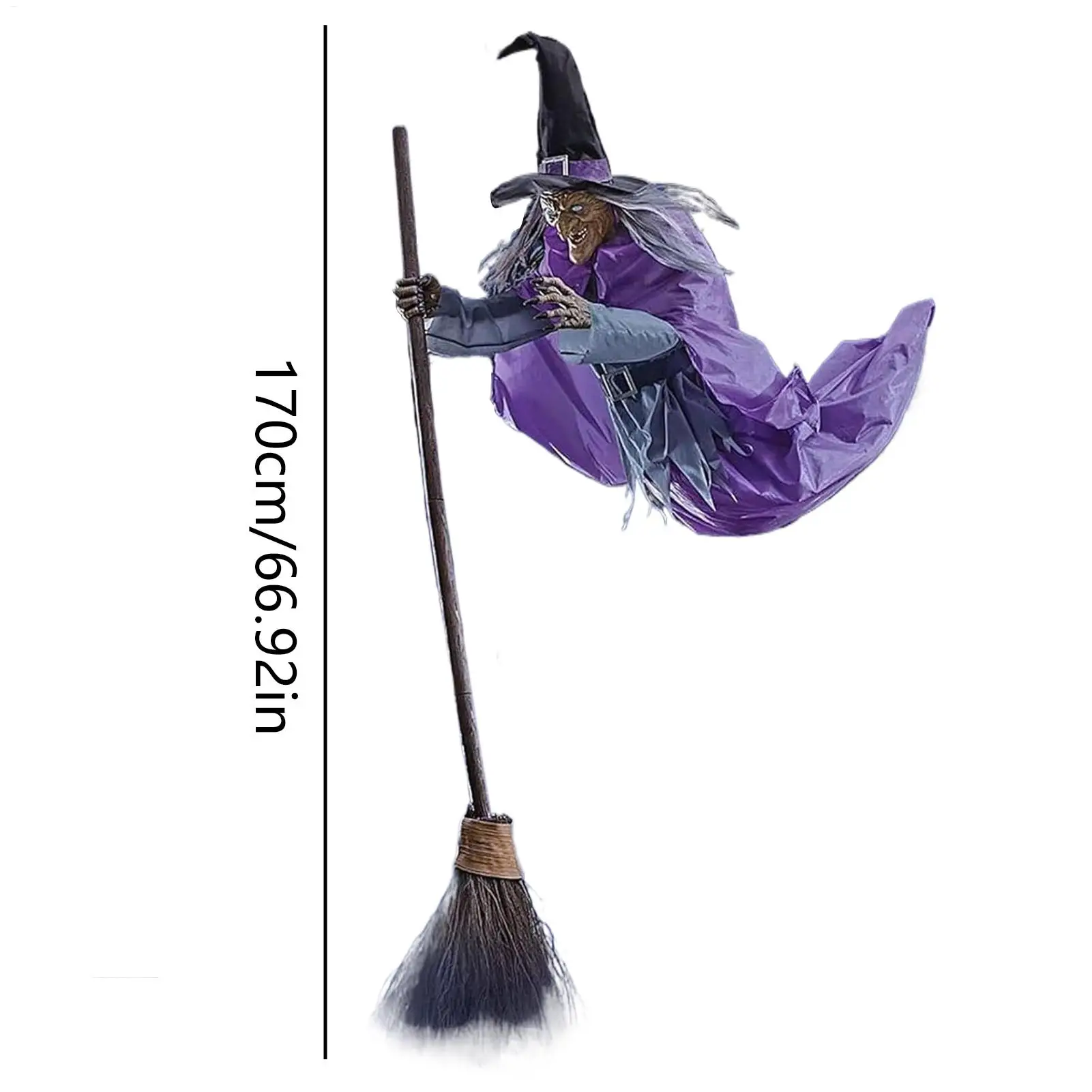 170cm Halloween Flying Witch Decor Halloween Animatronic Witch on Broom with Light-up Eyes and Scary Sound for Yard House Decor view 6