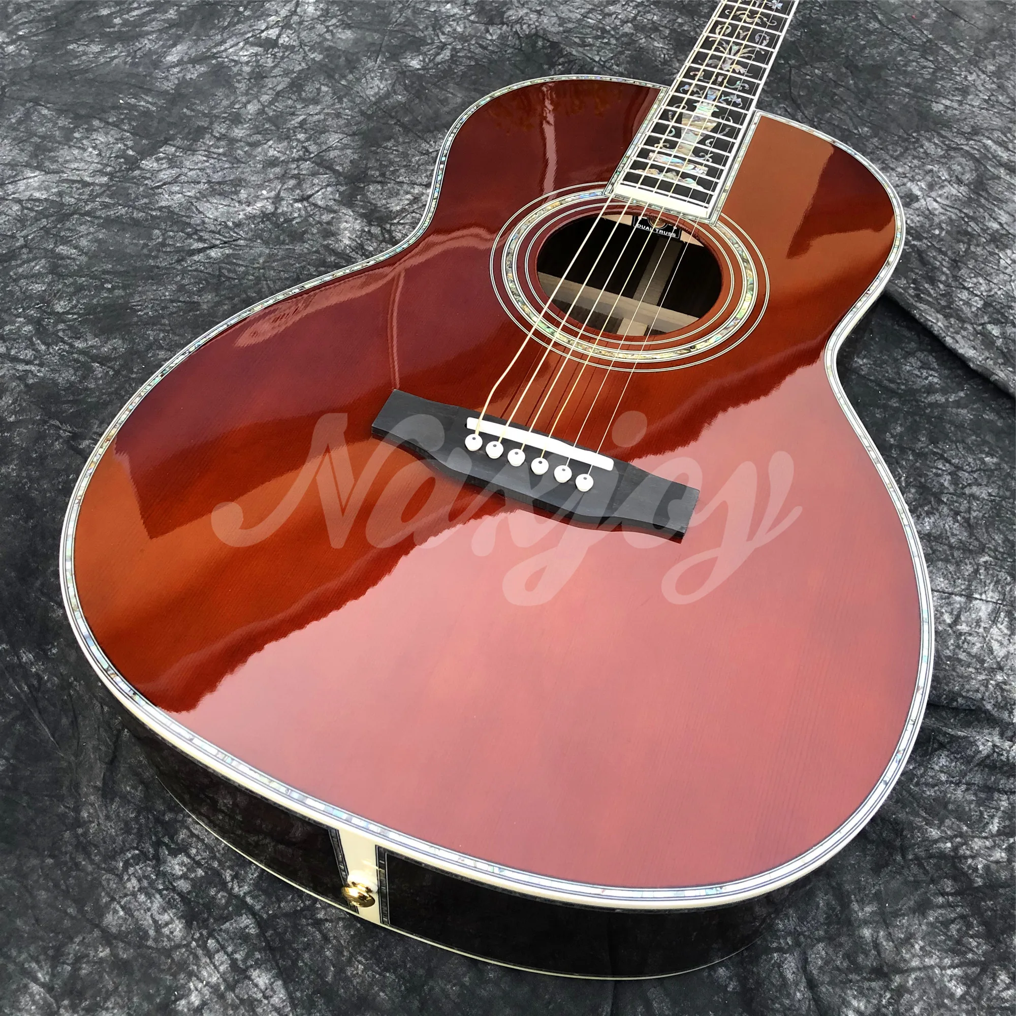 Custom 39 Inches ooo Type Wine Red Solid Spruce Acoustic Guitar Abalone Inlays Rosewood Body Guitar