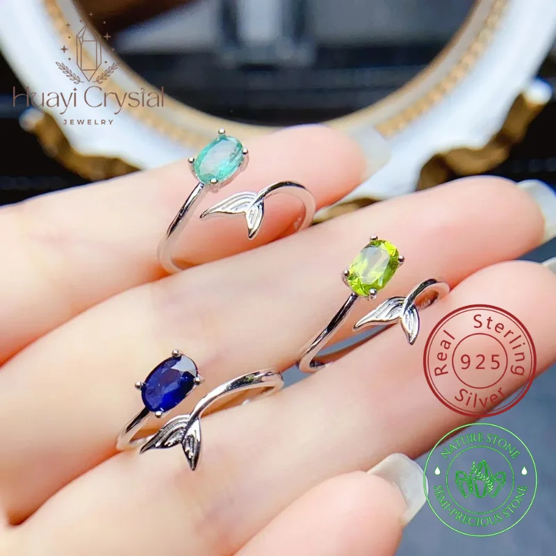 Fishtail Open 925 Sterling Silver Ring with 4*5mm Natural Sapphire Peridot Emerald with Certificate for women Gift Box