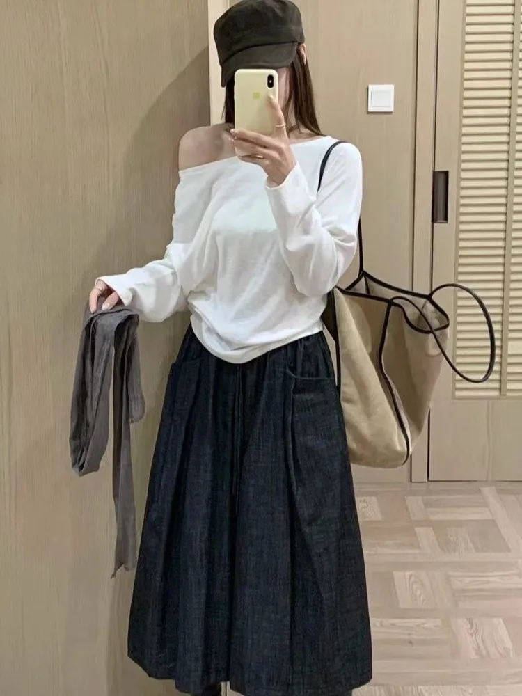 Authentic Vintage Texture Pocket Wide Leg Pants Women's Early Autumn New Style Casual Seven-Foot Jeans Casual Loose Fit