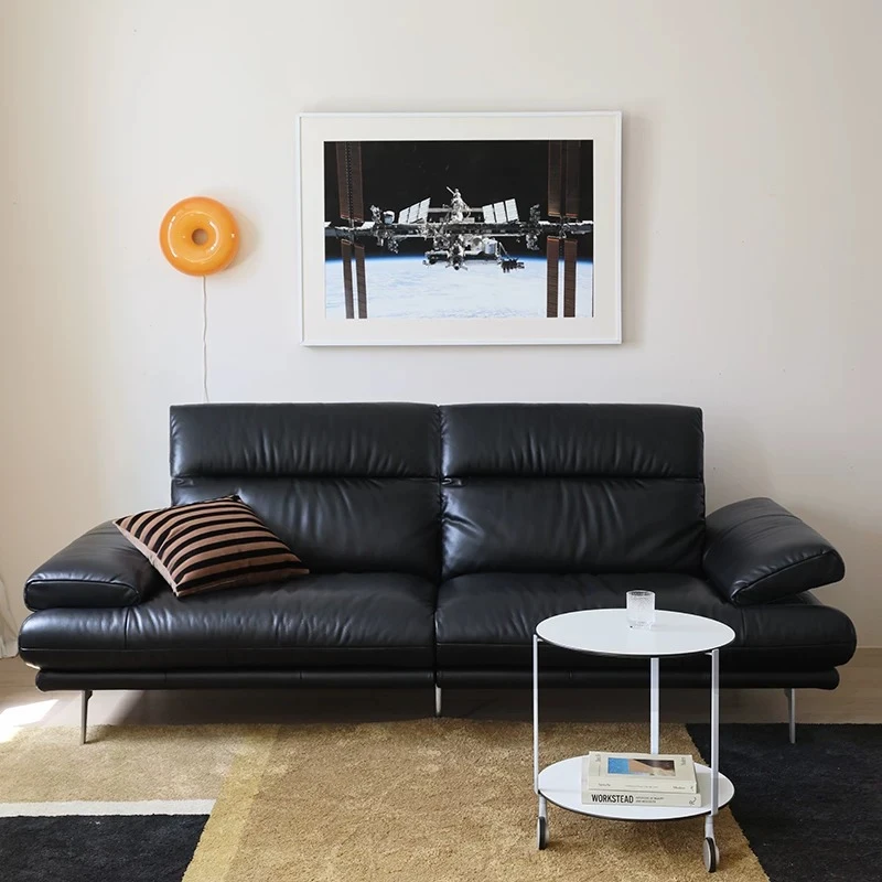 Vintage Adjustable High Backrest Reliable Head Full Leather Sofa Black
