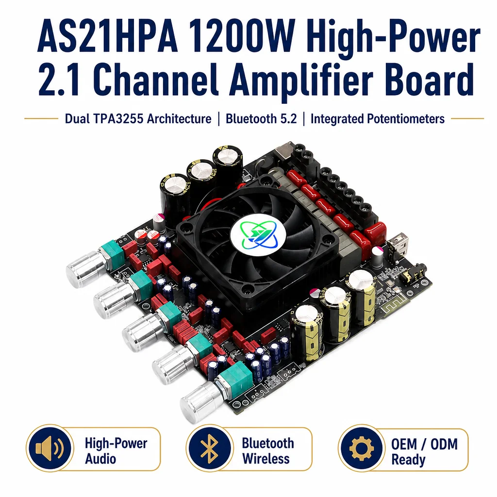 AS21HPA TPA3255 2.1 Channel Amplifier Board 300W X2 + 600W with Cooling Fan Optical Coaxial AUX for Home Theater