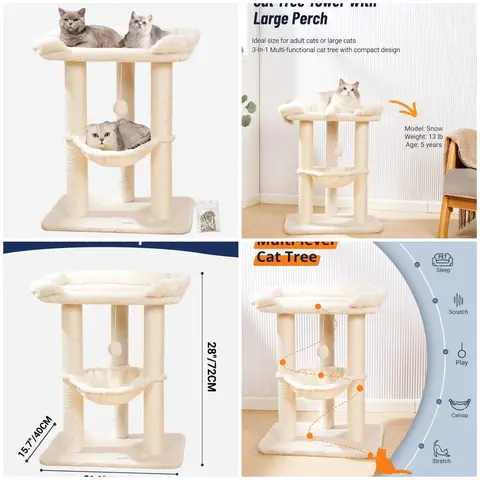 28' Large Cat Tree Tower for Indoor Cats, Sisal Scratcher with Big Bed, Soft Perch & Hammock, Stable Stand, Removable Cover - Be