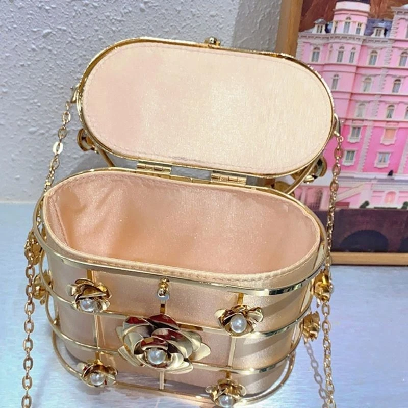 

A3PE Bucket Bag Metal Flower Handbag with Chain Shoulder Strap Evening Bags for Women