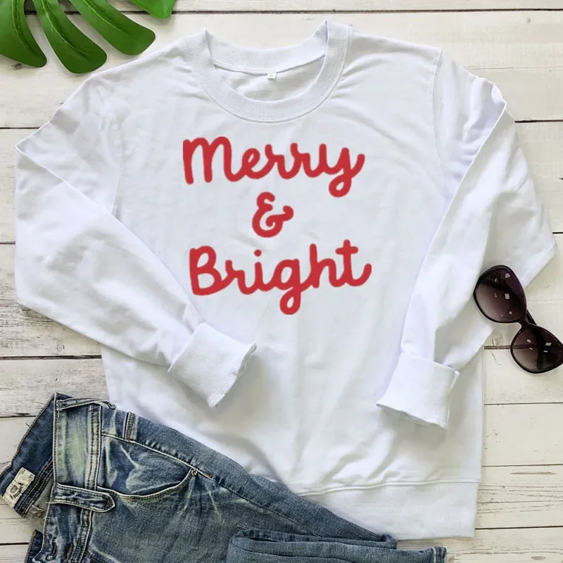 Merry and Bright  Christmas Ski Sweater Holiday harajuku Sweater Winter Sweatshirt 100% cotton Unisex kawaii y2k Drop shipping