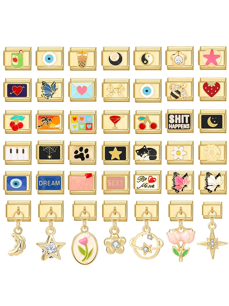 Perles de charme italiennes en acier inoxydable, chapel Tai, patte de chat, billard, cœur, papillon, document froid, maillons de bracelet, bijoux de bricolage, exécutif, 9mm